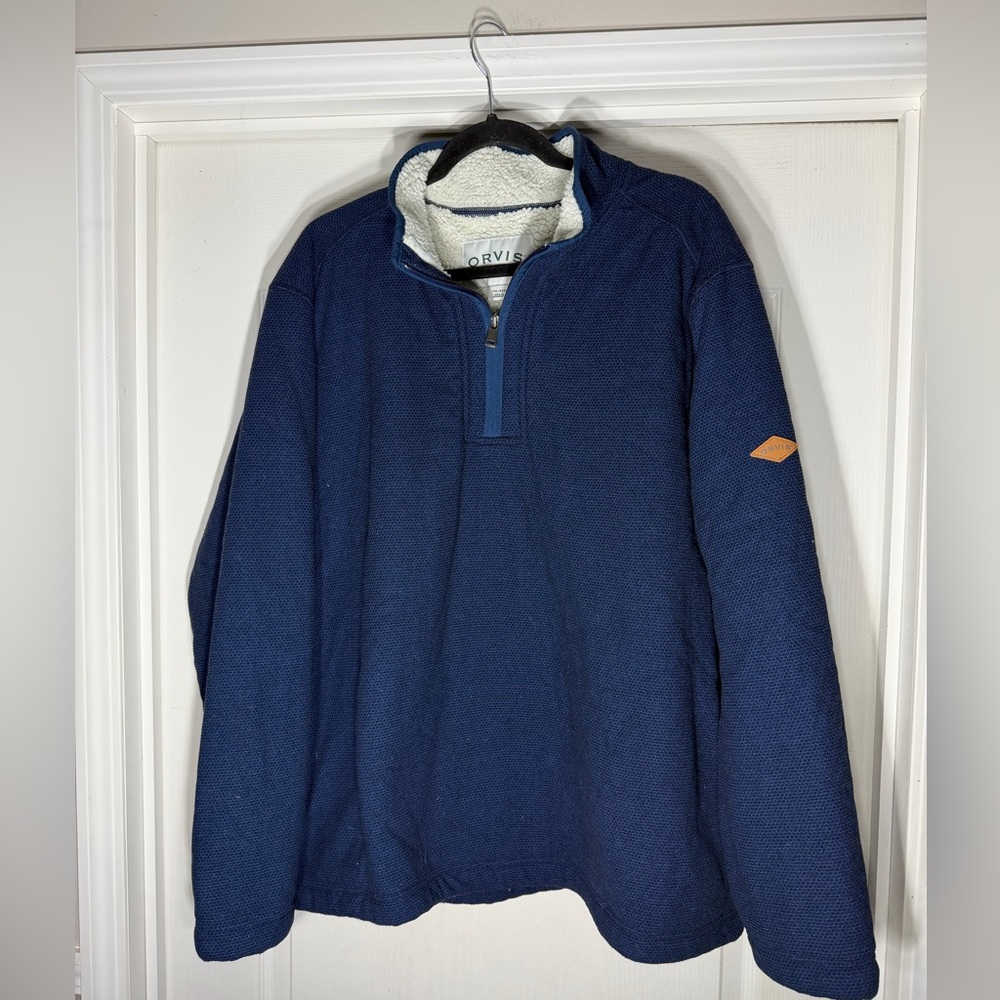 Orvis Blue Textured Knit Sweater Fleece lined 1/4 Zip pullover size XXL